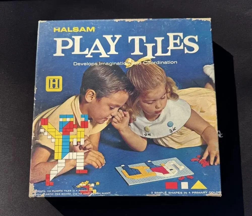 Vintage Halsam Play Tiles Plastic Peg Board Colored Pieces Picture Guide Box